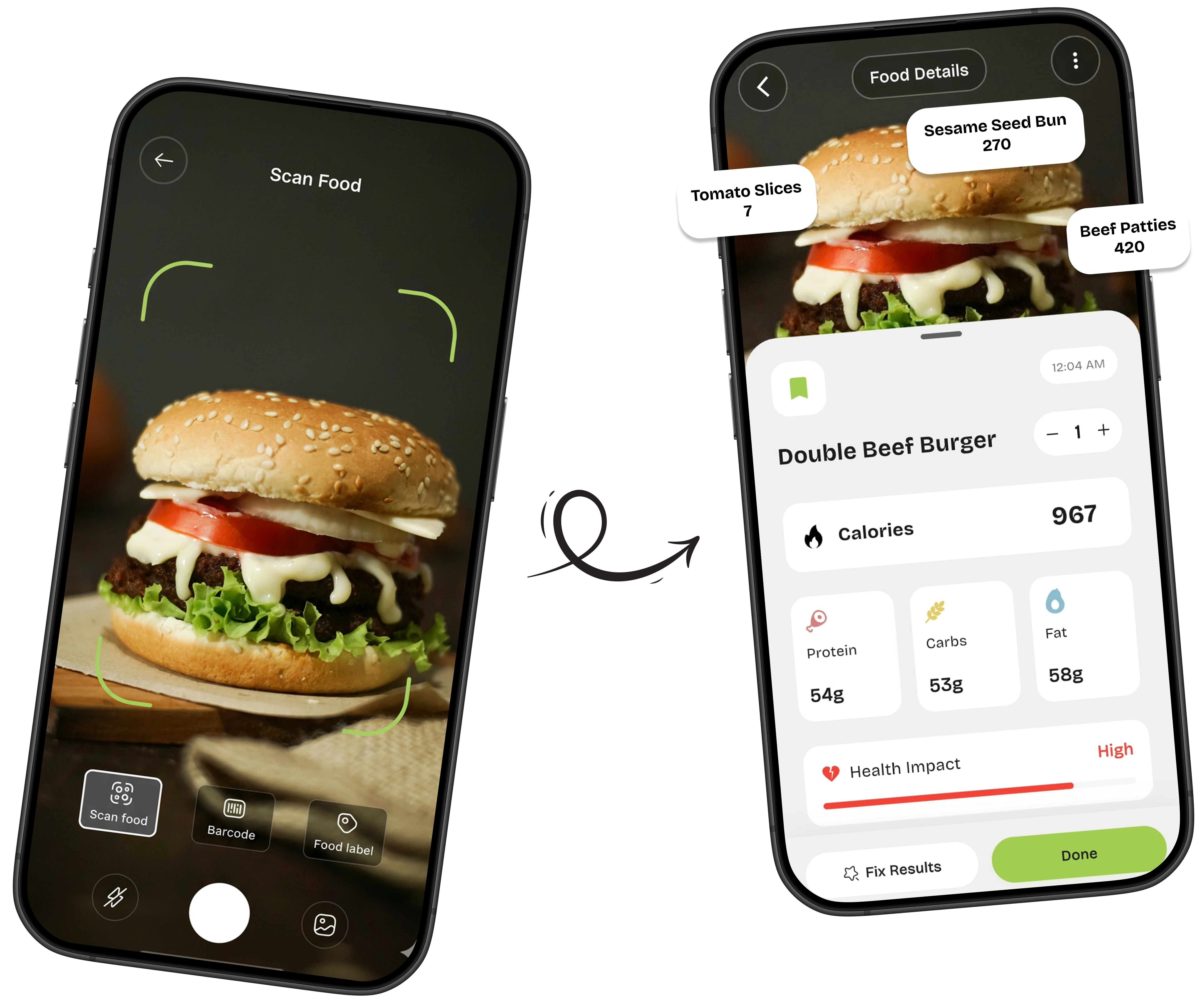 CalBro scanning a burger and showing detailed nutrition on iPhone screens